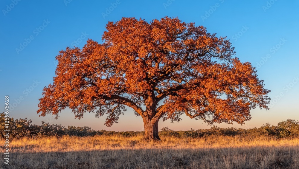 Majestic autumn oak in golden field at dawn Majestic autumn oak in golden field at dawn