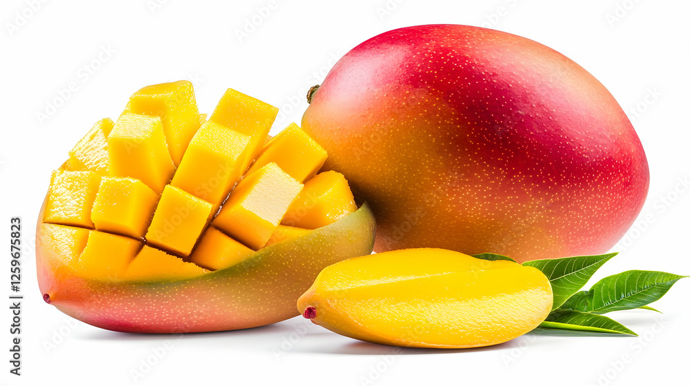 Ripe mango cut into cubes, single slice, leaves. Food photography Ripe mango cut into cubes, single slice, leaves. Food photography
