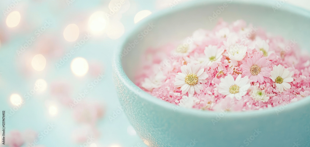 Delicate pink flowers and petals in bowl create serene spa atmosphere, enhancing relaxation and tranquility Delicate pink flowers and petals in bowl create serene spa atmosphere, enhancing relaxation and tranquility