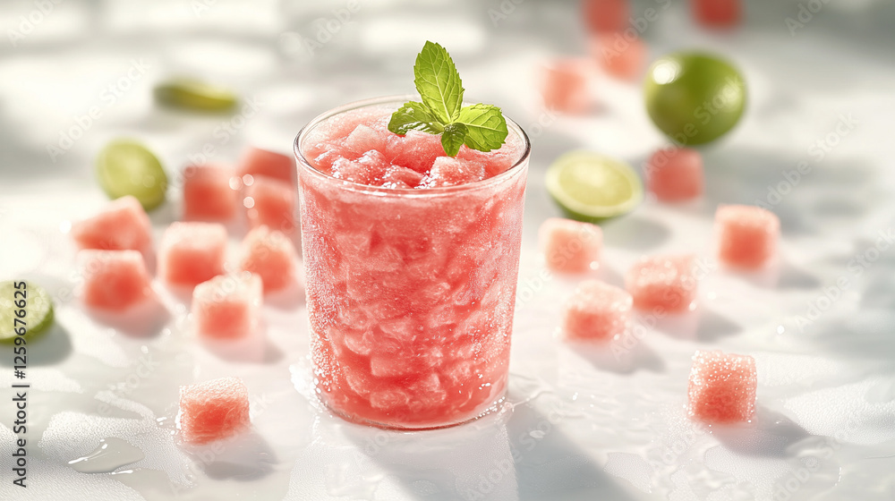 Watermelon slush drink with mint and lime garnish Watermelon slush drink with mint and lime garnish