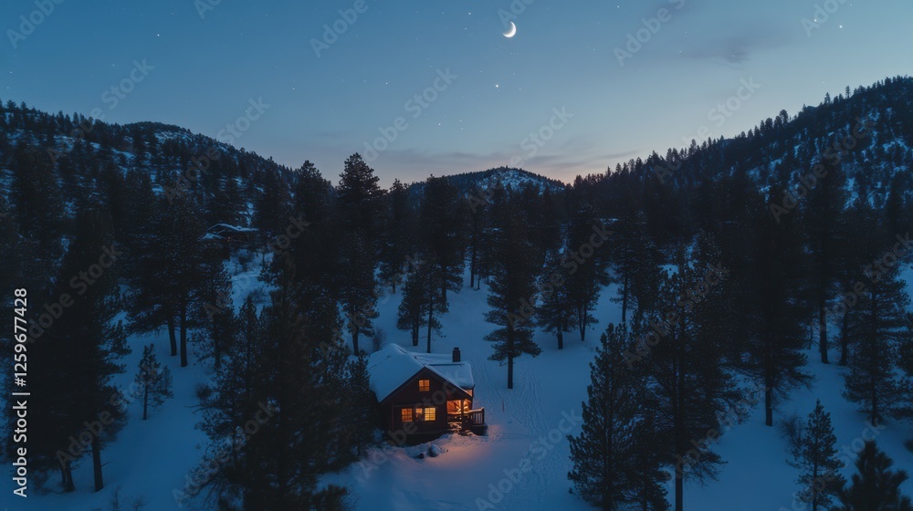 Cozy cabin in snowy landscape under twilight sky with mountains and forest, perfect for winter getaway and nature retreat photography. Cozy cabin in snowy landscape under twilight sky with mountains and forest, perfect for winter getaway and nature retreat photography.