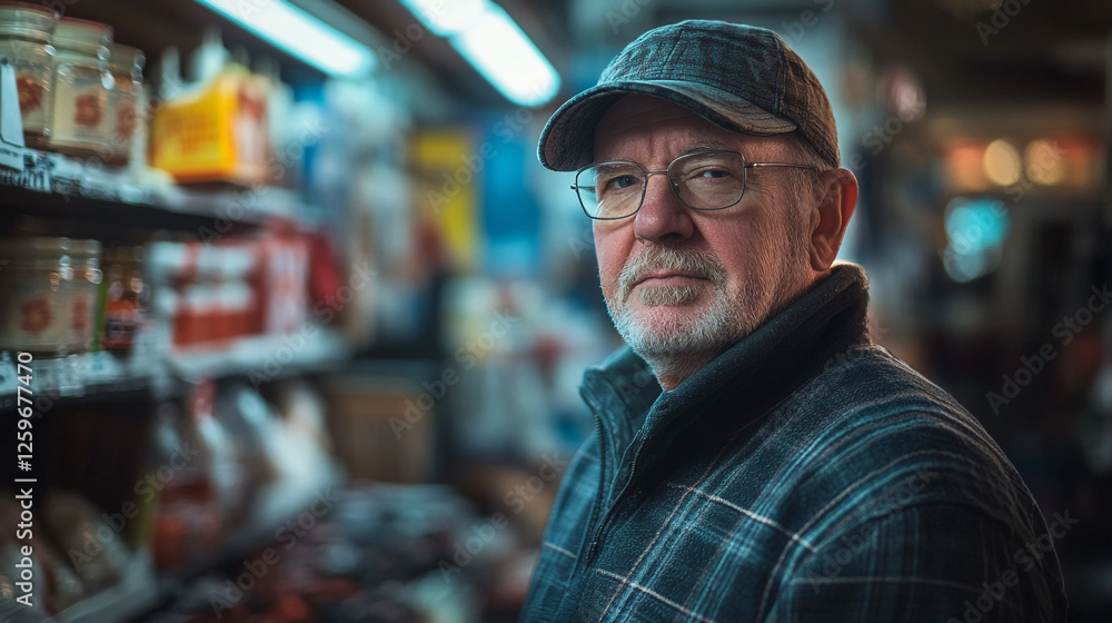 Portrait of a Mature Man in a Grocery Store Wearing a Plaid Shirt cap male face food real older Portrait of a Mature Man in a Grocery Store Wearing a Plaid Shirt cap male face food real older