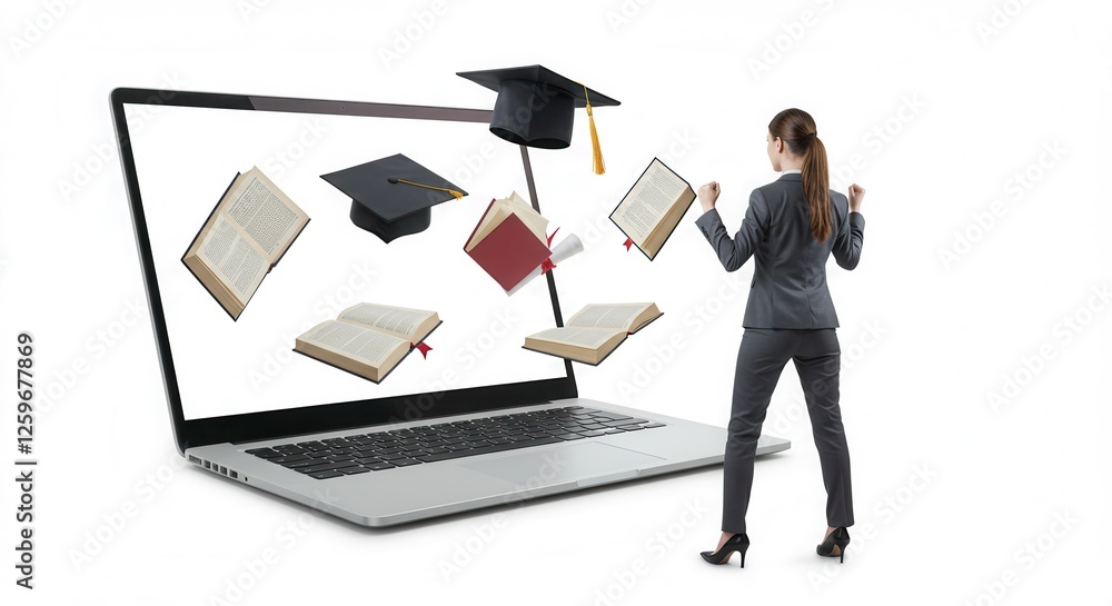 businesswoman looks at a laptop with floating blue books and a graduation cap, isolated on a clean white background, symbolizing online education businesswoman looks at a laptop with floating blue books and a graduation cap, isolated on a clean white background, symbolizing online education