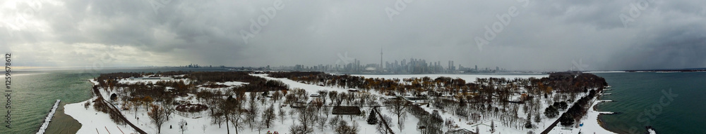 Aerial winter panoramic view of the Toronto Islands. Aerial winter panoramic view of the Toronto Islands.