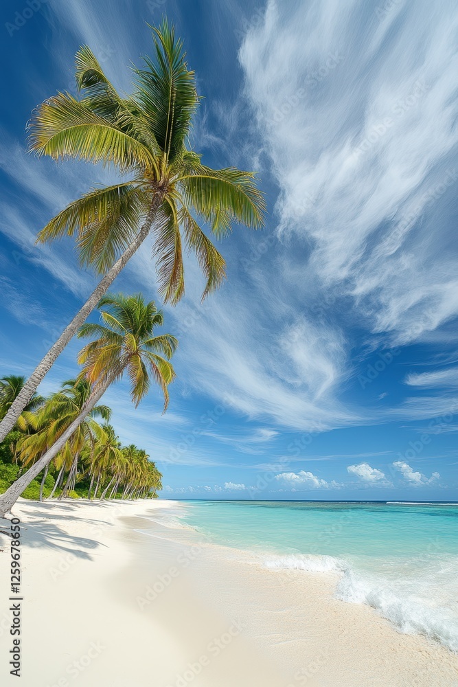Obraz premium Tropical beach scene with palm trees, blue sky, and turquoise water, perfect for travel, vacation, and summer getaway imagery. Relax and unwind in paradise.