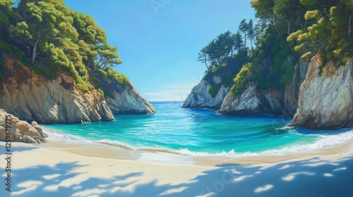 Secluded cove beach, turquoise water, sunny day, trees, calmness, travel