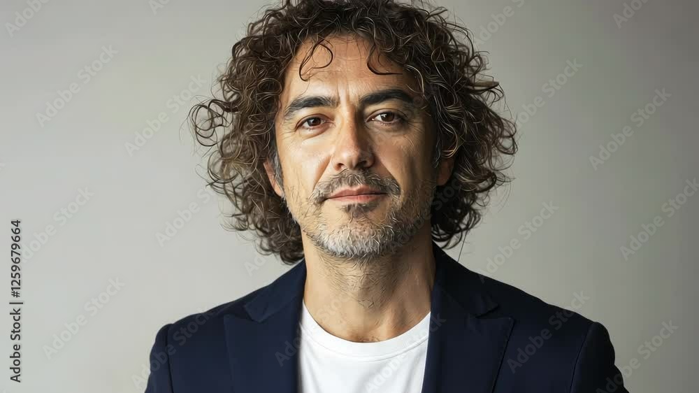 A man with curly hair, wearing a navy blue suit and a white t-shirt, generative AI A man with curly hair, wearing a navy blue suit and a white t-shirt, generative AI