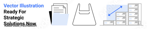 Stack of papers, shopping bag outline, boxes on shelves with growth arrow. Ideal for logistics, inventory management, business strategy, organization, e-commerce, supply chain flat landing page