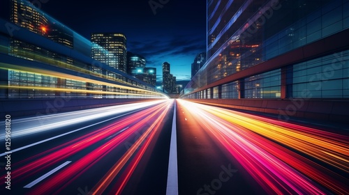 long exposure of glowing  LED lights in a technology, empty space on the left,generative ai illustration