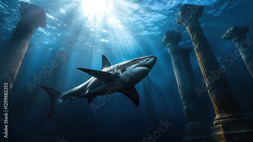 Wallpaper Mural A shark is swimming in the ocean near some ancient ruins Torontodigital.ca