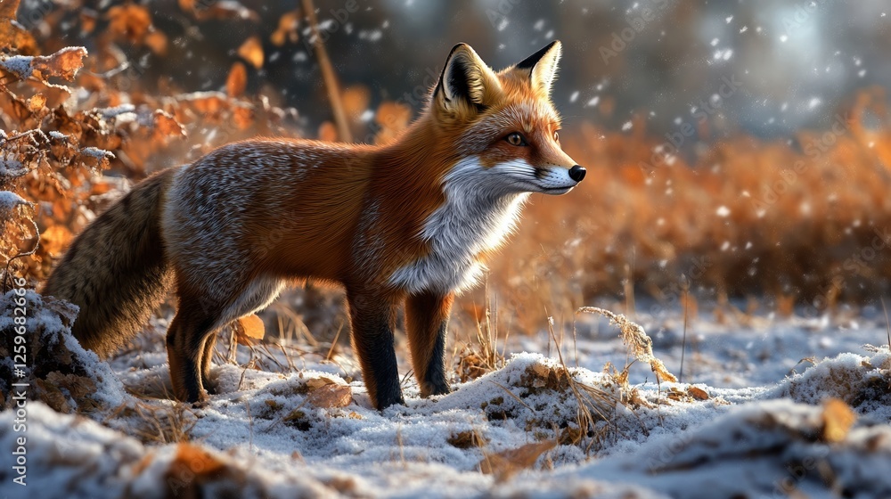 Fototapeta premium A fox is standing in the snow with its tail up