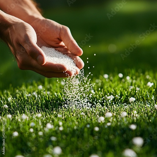 Hands spreading fertilizer over freshly mowed grass in a sunny garden