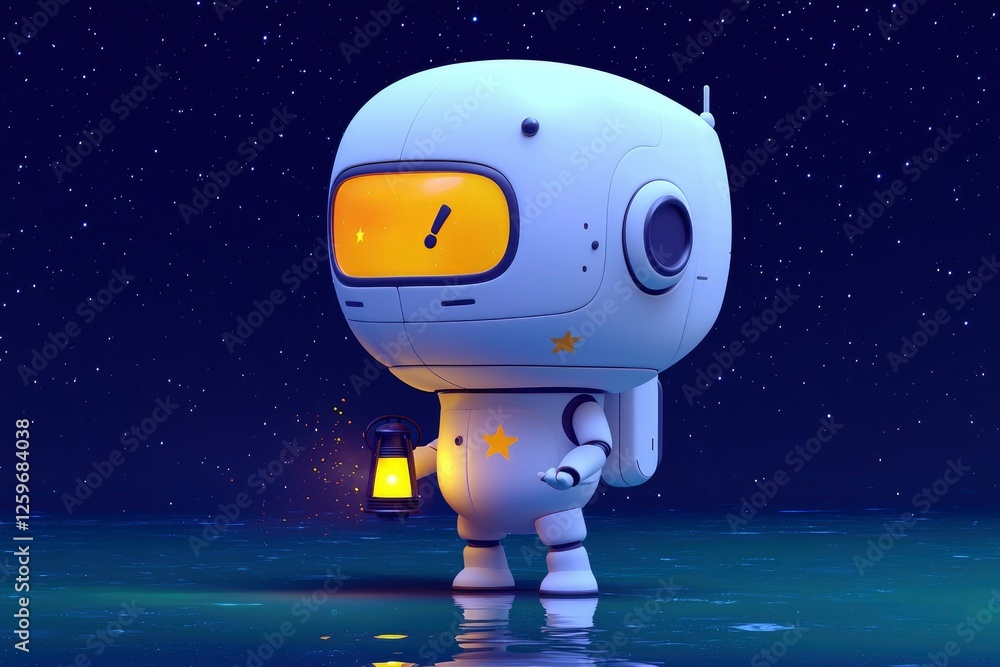 Fototapeta premium Adorable Robot with Lantern Exploring Night Sky