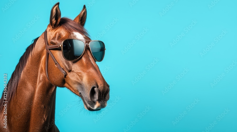 Fototapeta premium Elegant horse with a confident look, rocking stylish aviator sunglasses, standing against a smooth blue gradient background for a modern vibe