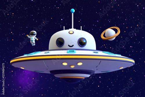 Cute Cartoon UFO Spaceship with Astronaut in Space photo