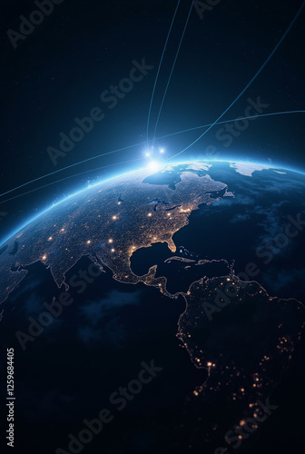 Night planet earth from space with light lines of communication and connection. Business and finance, concept. Global communications system and the World Wide Web. photo