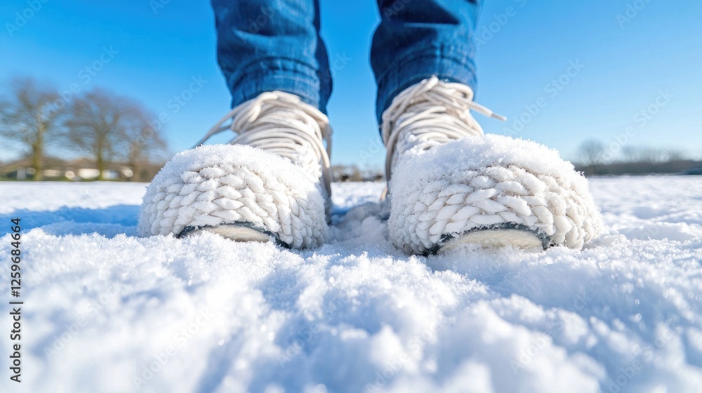 Snowy day, feet in white knitted boots on snow Snowy day, feet in white knitted boots on snow