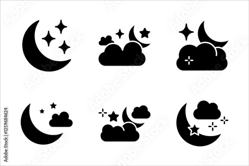 Moon Icon Set, Silhouette Style, on white background.