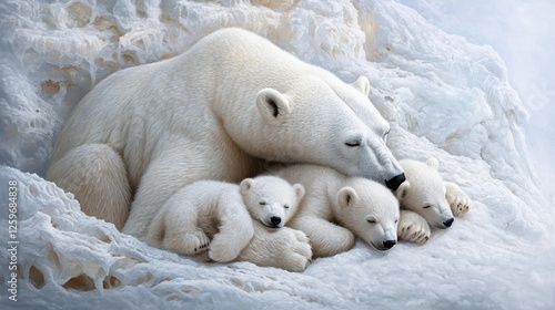 A mother polar bear is laying down with her cubs photo