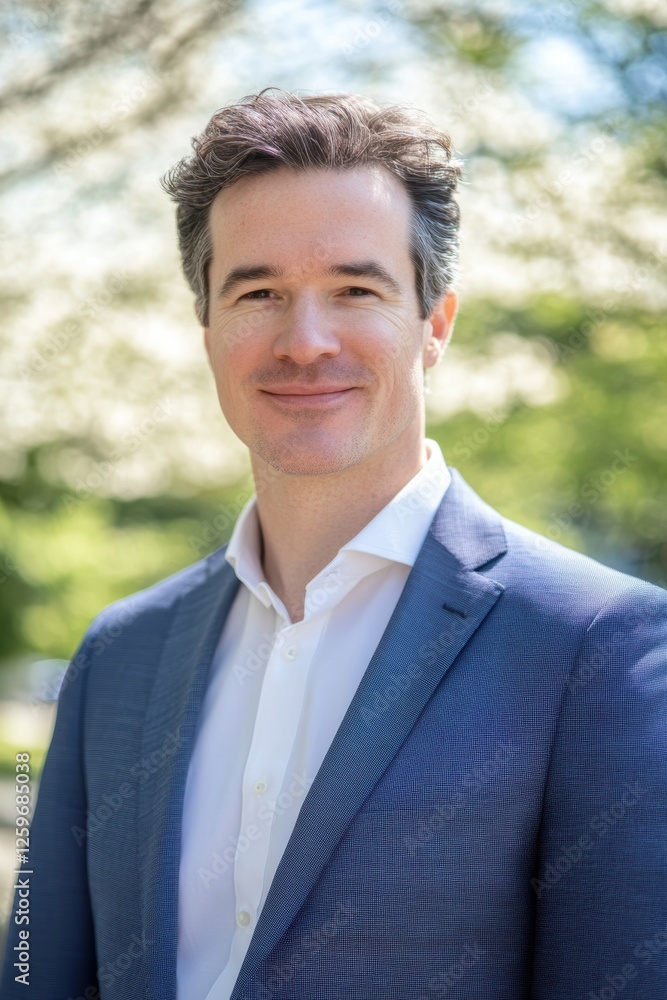 Professional portrait of a businessman outdoors, smiling in a suit against a blurred natural background with spring flowers. Professional portrait of a businessman outdoors, smiling in a suit against a blurred natural background with spring flowers.