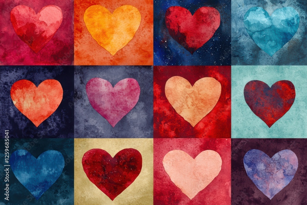 Obraz premium Fantasy heart collection with cosmic and floral elements, dreamy watercolor textures, glowing light reflections, artistic surrealism, ultra-detailed rendering