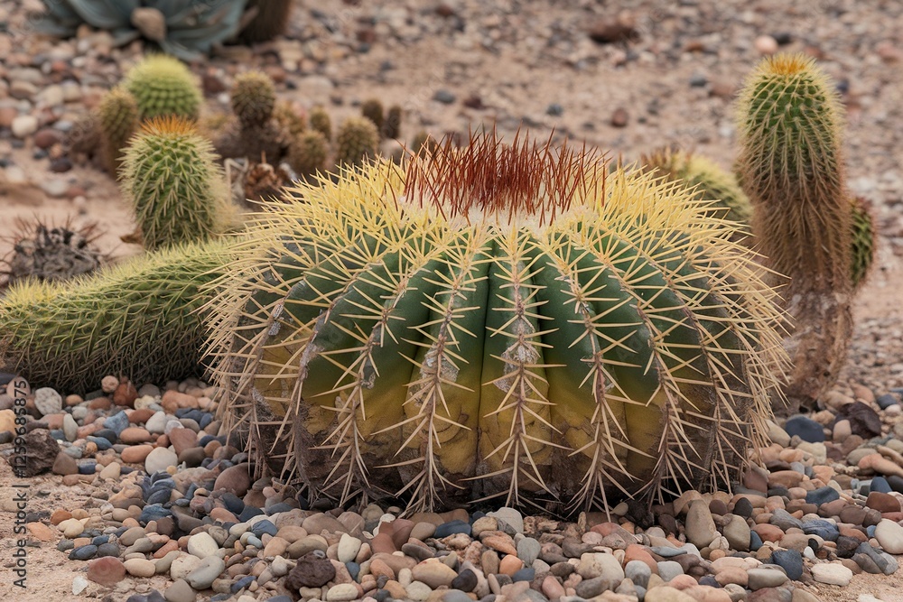 A cactus with a yellow flower sits on a rocky surface A cactus with a yellow flower sits on a rocky surface