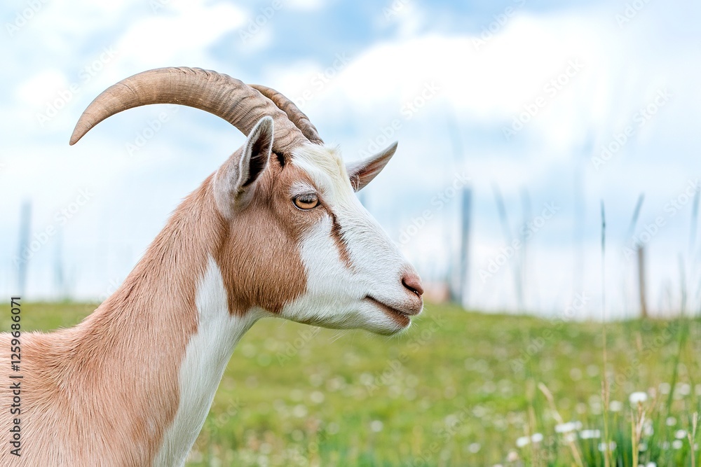 A goat with a white face and brown body stands in a field A goat with a white face and brown body stands in a field