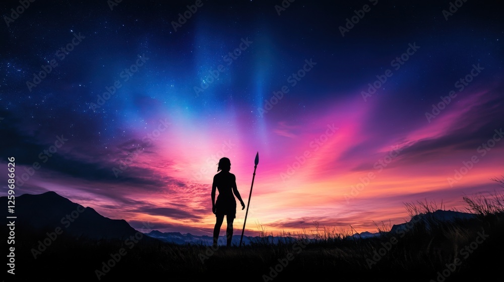 Fototapeta premium A woman stands in a field at sunset, holding a spear
