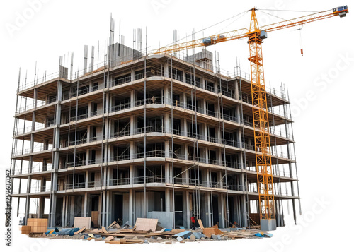 Construction site with high rise building under construction, transparent background png