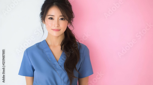 A healthcare professional in scrubs poses confidently against a vibrant backdrop. photo