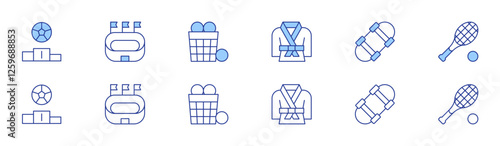 Sports icon set in two styles, Duotone and Thin Line style. Editable stroke. kimono, position, skating, stadium, basket, tennis