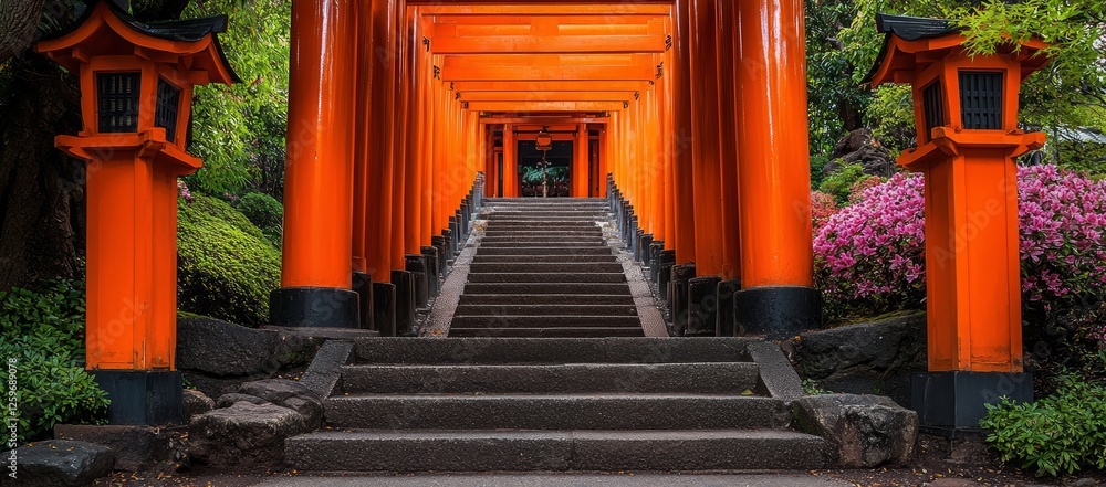 Japan Shrine Steps, Orange Torii Gates, Lush Greenery Japan Shrine Steps, Orange Torii Gates, Lush Greenery