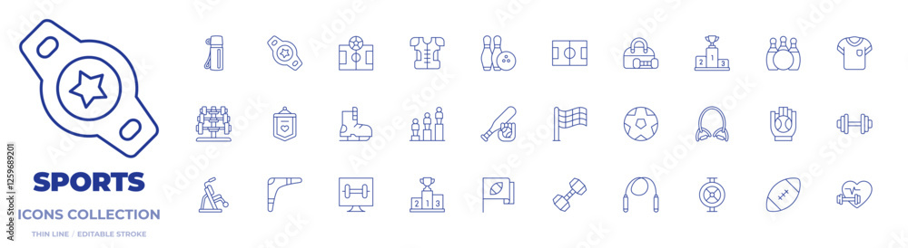 Sports icons collection. Thin Line icons, editable stroke. banner, barbell, bottle, champion belt, football, ice skate, podium, shoulder pads, baseball, bowling Sports icons collection. Thin Line icons, editable stroke. banner, barbell, bottle, champion belt, football, ice skate, podium, shoulder pads, baseball, bowling