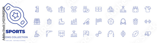 Sports icons collection. Thin Line icons, editable stroke. banner, barbell, bottle, champion belt, football, ice skate, podium, shoulder pads, baseball, bowling