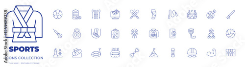 Sports icons collection. Thin Line icons, editable stroke. dart, strategy, soccer ball, training, cricket, knee pad, smartphone, skis, kimono, skipping rope, kettlebell, skip rope, sport news