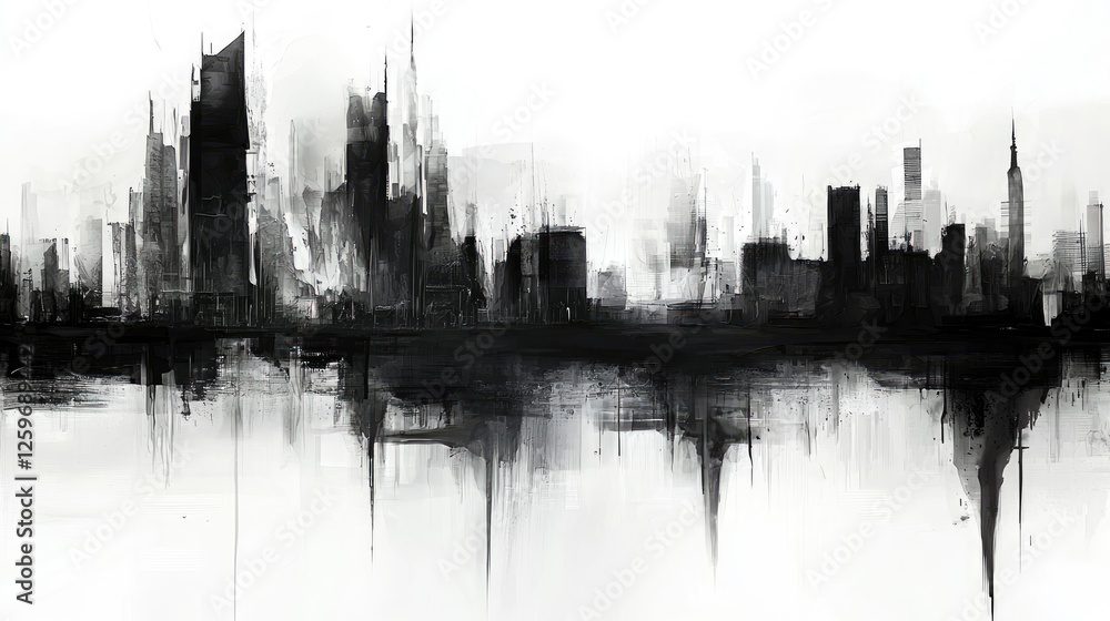 Naklejka premium Abstract black and white city skyline reflection with dramatic shapes and textures