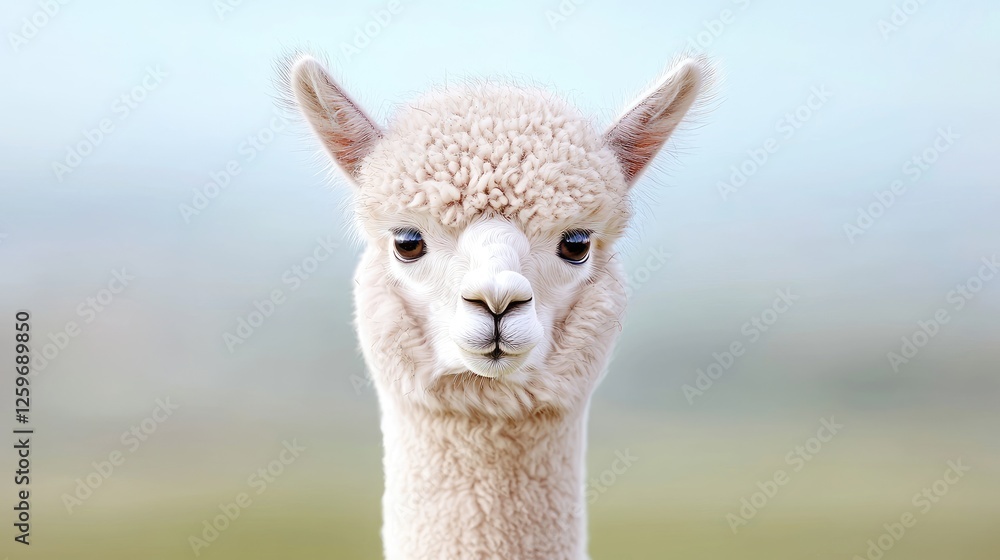 Fototapeta premium Fluffy Alpaca Portrait, Farm Background, Cute Animal