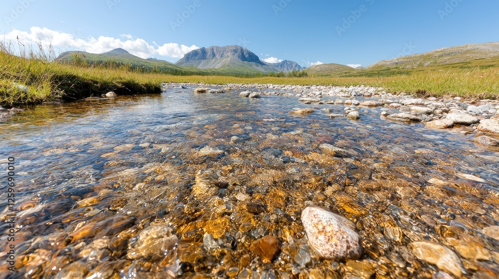 Fototapeta premium Clear stream flows, rocky bed, mountains background, summer nature scene, travel photography