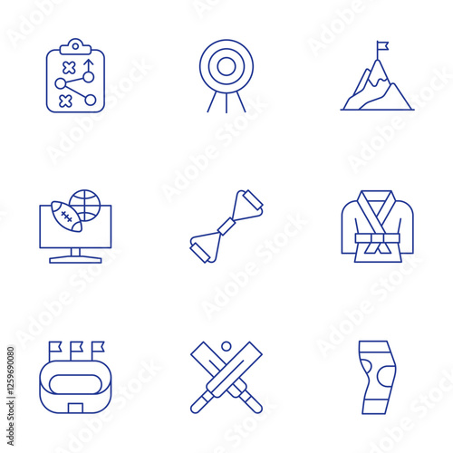 Sports icons set. Thin Line style, editable stroke. strategy, dart, mountain, cricket, knee pad, stadium, chest expander, kimono, sport news