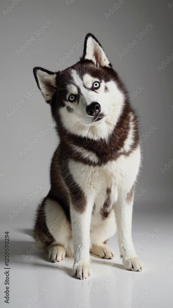 A curious husky tilts its head, captured in a studio setting. The eye-level angle adds charm, reminiscent of a playful pet video moment. Suitable as mobile wallpaper. A curious husky tilts its head, captured in a studio setting. The eye-level angle adds charm, reminiscent of a playful pet video moment. Suitable as mobile wallpaper.