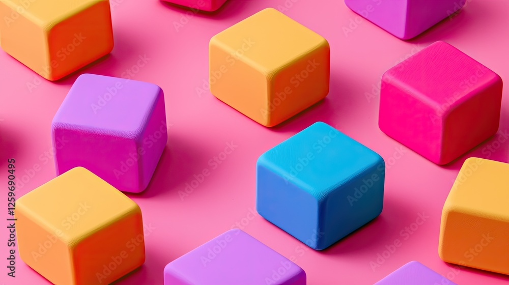 Colorful geometric blocks scattered on a vibrant pink background, creating a playful atmosphere Colorful geometric blocks scattered on a vibrant pink background, creating a playful atmosphere