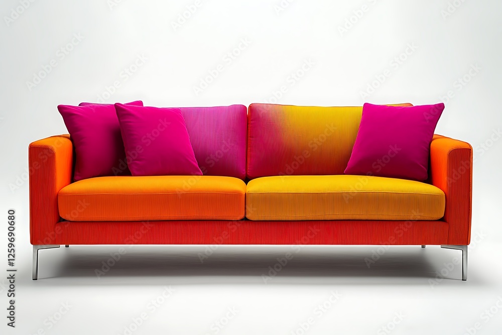 A modern sofa with sleek lines and vibrant upholstery elegantly placed on a white background A modern sofa with sleek lines and vibrant upholstery elegantly placed on a white background
