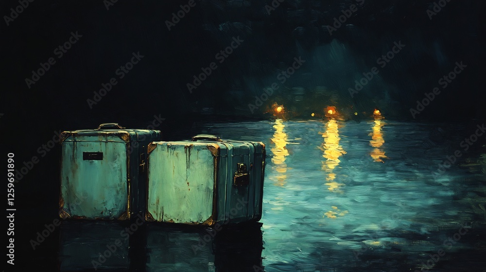 Mysterious green suitcases quietly await near dimly lit water. AI Generated Mysterious green suitcases quietly await near dimly lit water. AI Generated