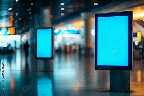 Blank Digital Signage in Airport Terminal۔ Multiple portrait advertising digital poster screens indoors ideal for airport or shopping mall mock up with blurred people around walking. front view of