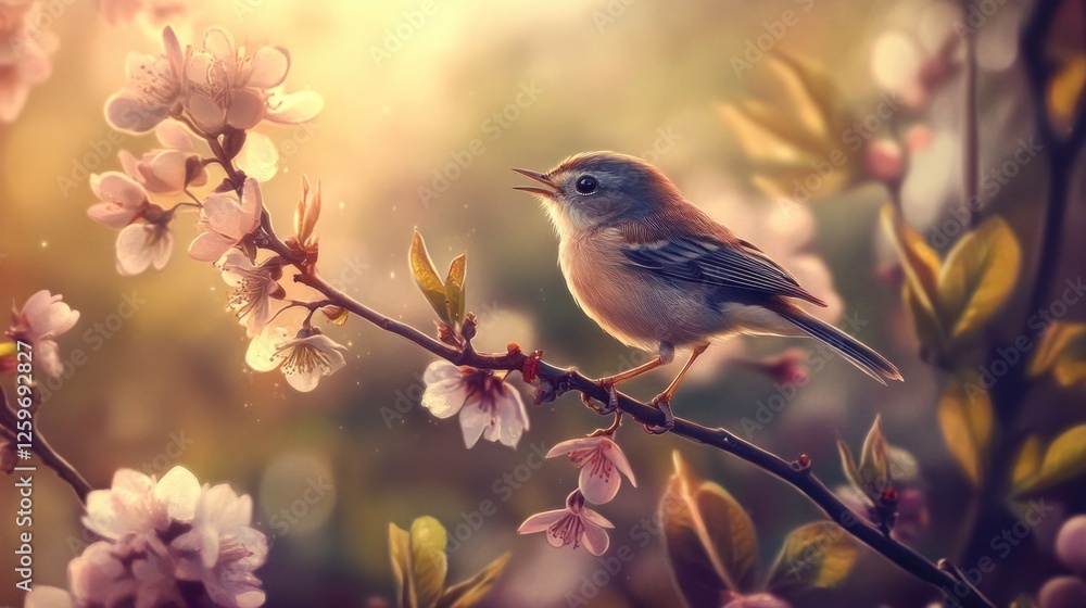 Spring melody, Bird sings among the blooming cherry blossom branches Spring melody, Bird sings among the blooming cherry blossom branches