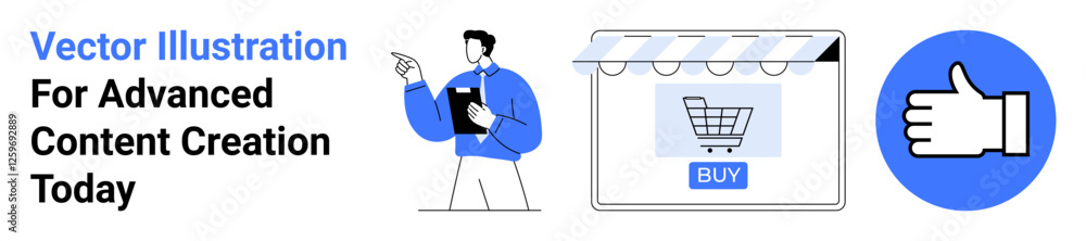 Man pointing at storefront, shopping cart in screen, thumbs-up icon emphasizing e-commerce. Ideal for business, marketing, shopping, strategy, online sales, customer experience flat landing page Man pointing at storefront, shopping cart in screen, thumbs-up icon emphasizing e-commerce. Ideal for business, marketing, shopping, strategy, online sales, customer experience flat landing page