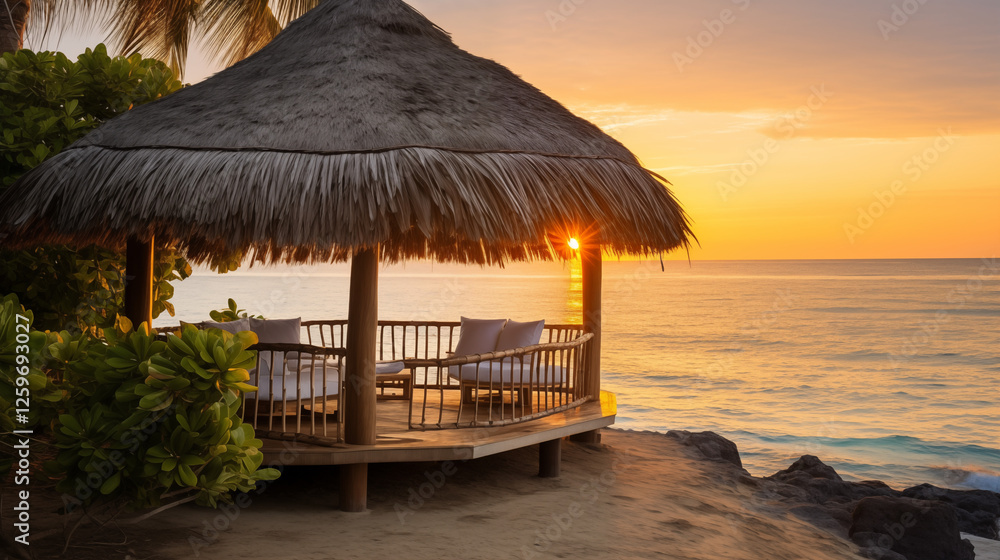 Fototapeta premium A thatched-roof gazebo on the beach, featuring chairs and a table, creating a picturesque sunset setting in a tropical paradise.