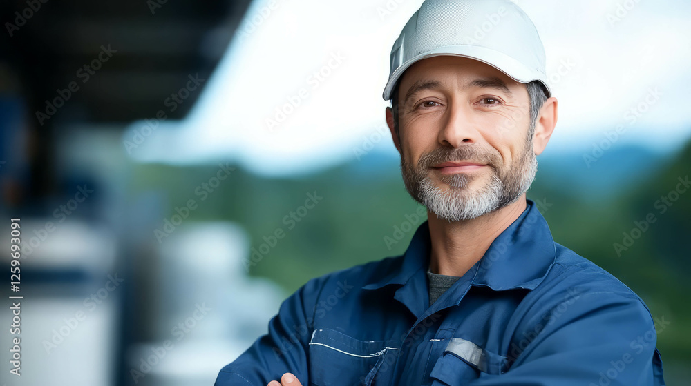 Confident worker smiling, wearing cap and uniform, in an industrial environment. Confident worker smiling, wearing cap and uniform, in an industrial environment.