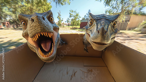 Fototapeta Naklejka Na Ścianę i Meble -  Two Tyrannosaurus Rex Dinosaurs Emerging From Cardboard Box Outdoors