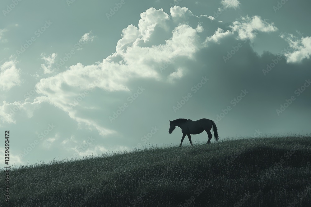 Silhouetted horse on grassy hilltop under dramatic sky Silhouetted horse on grassy hilltop under dramatic sky
